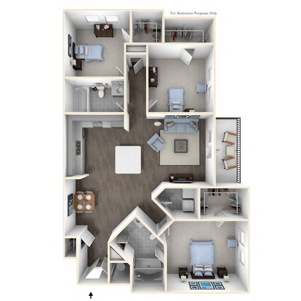 Floor plan for 3 beds, 2 baths, 1267 sqft